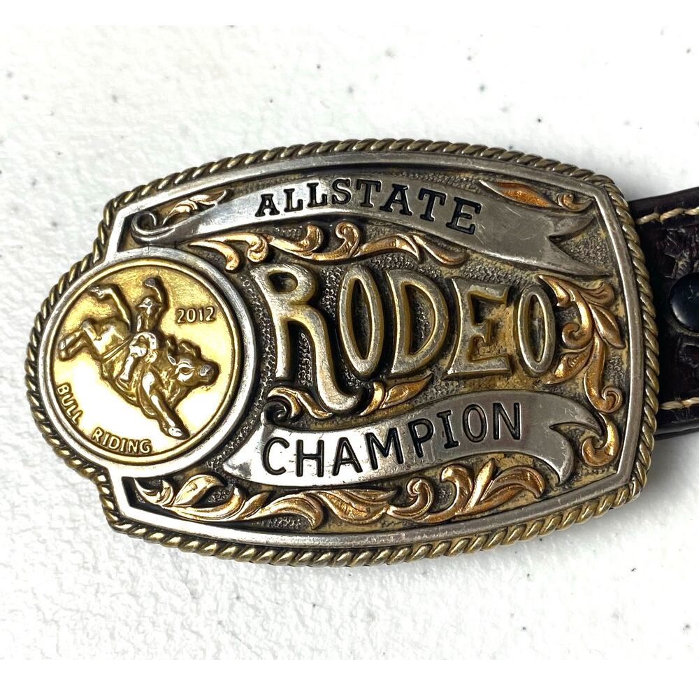 Cavender's Brown Leather Belt with Rodeo Champion 2012 Coin Buckle Men's Size 30